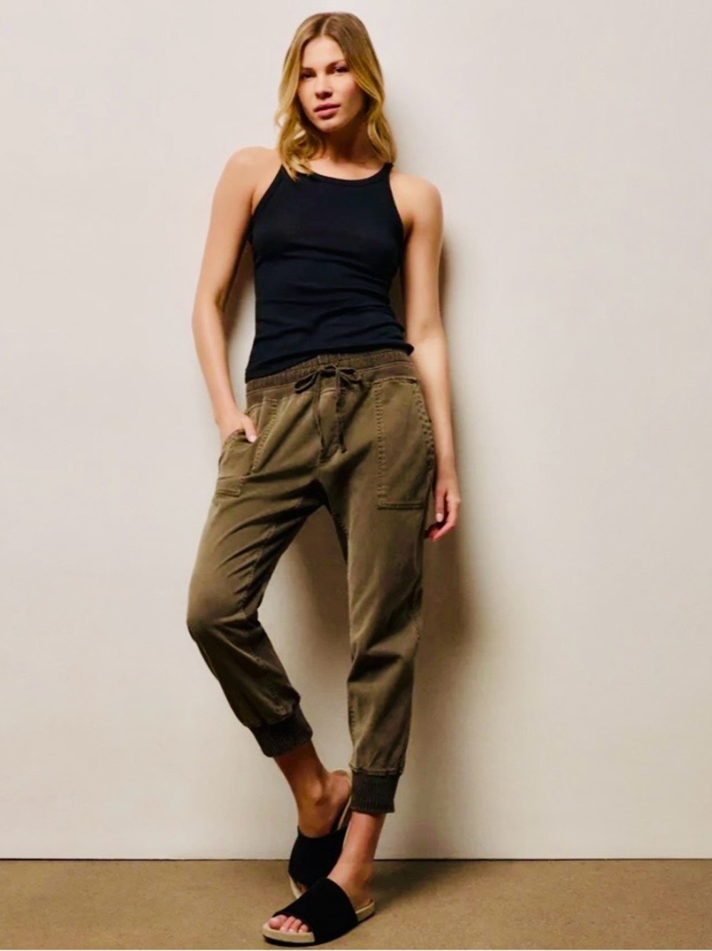 Standard James Perse Mixed Media Sweatpants Army Green Pigment Distressed Jogger
